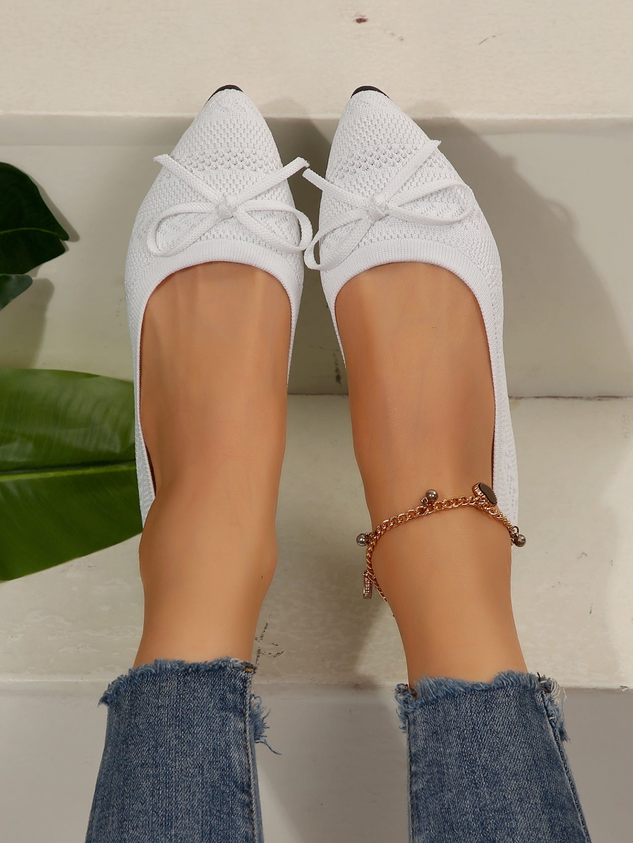 Mocasines de punto con lazo, zapatos planos de punta puntiaguda para mujer