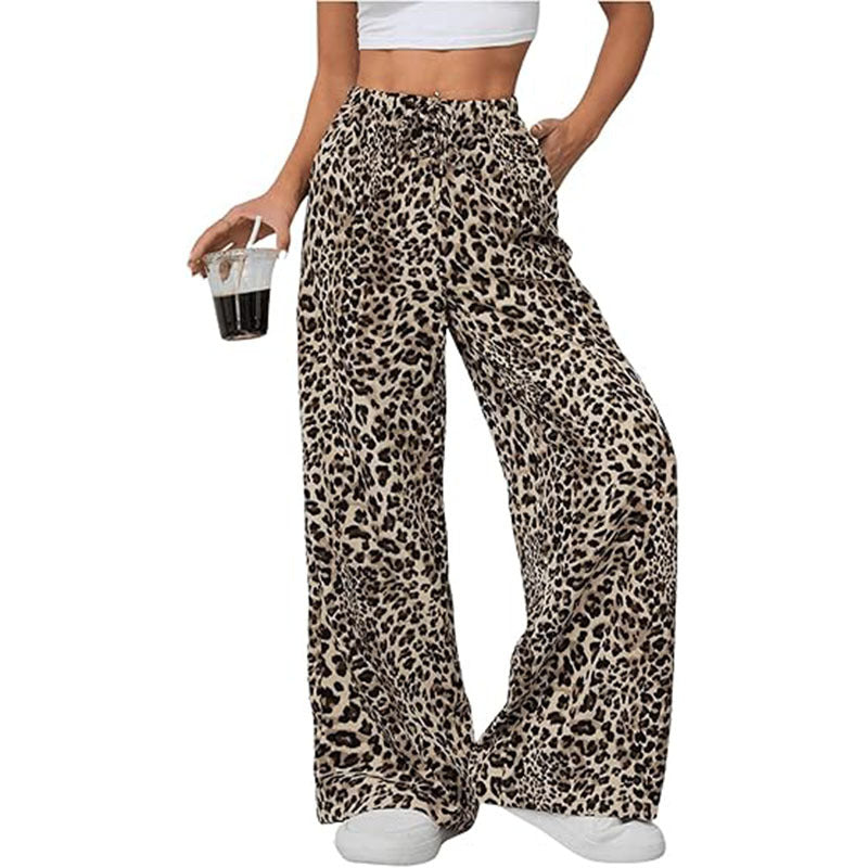 Pantalones casuales de cintura alta con estampado de leopardo y pierna ancha para mujer, elegantes pantalones largos holgados con cordón ajustable