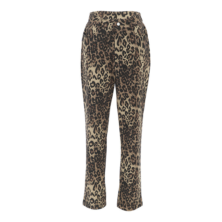 Pantalones rectos de cintura alta con estampado de leopardo, pantalones elegantes retro para mujer