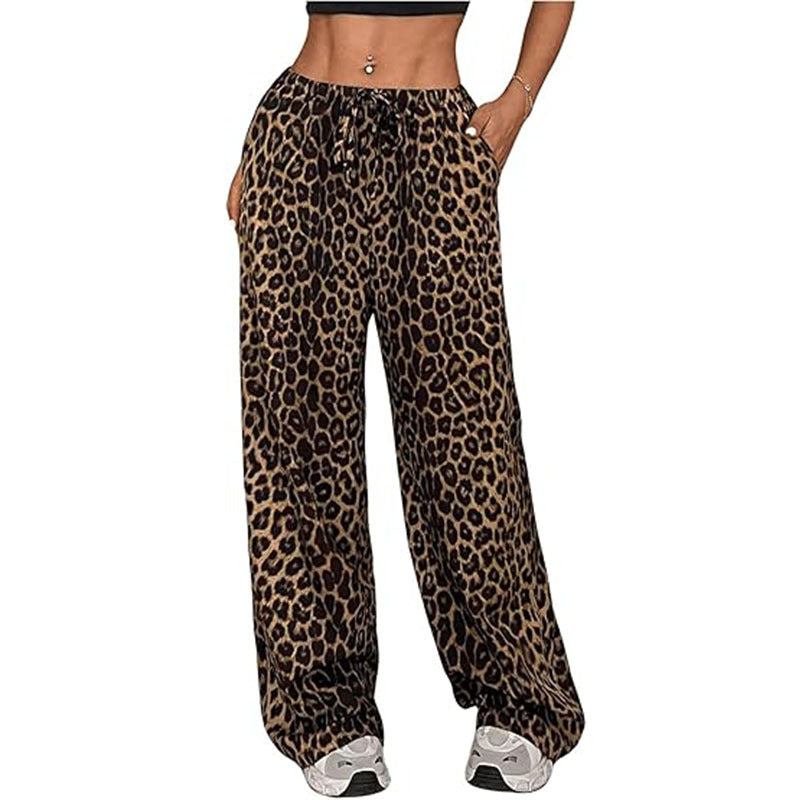 Pantalones casuales de cintura alta con estampado de leopardo y pierna ancha para mujer, elegantes pantalones largos holgados con cordón ajustable