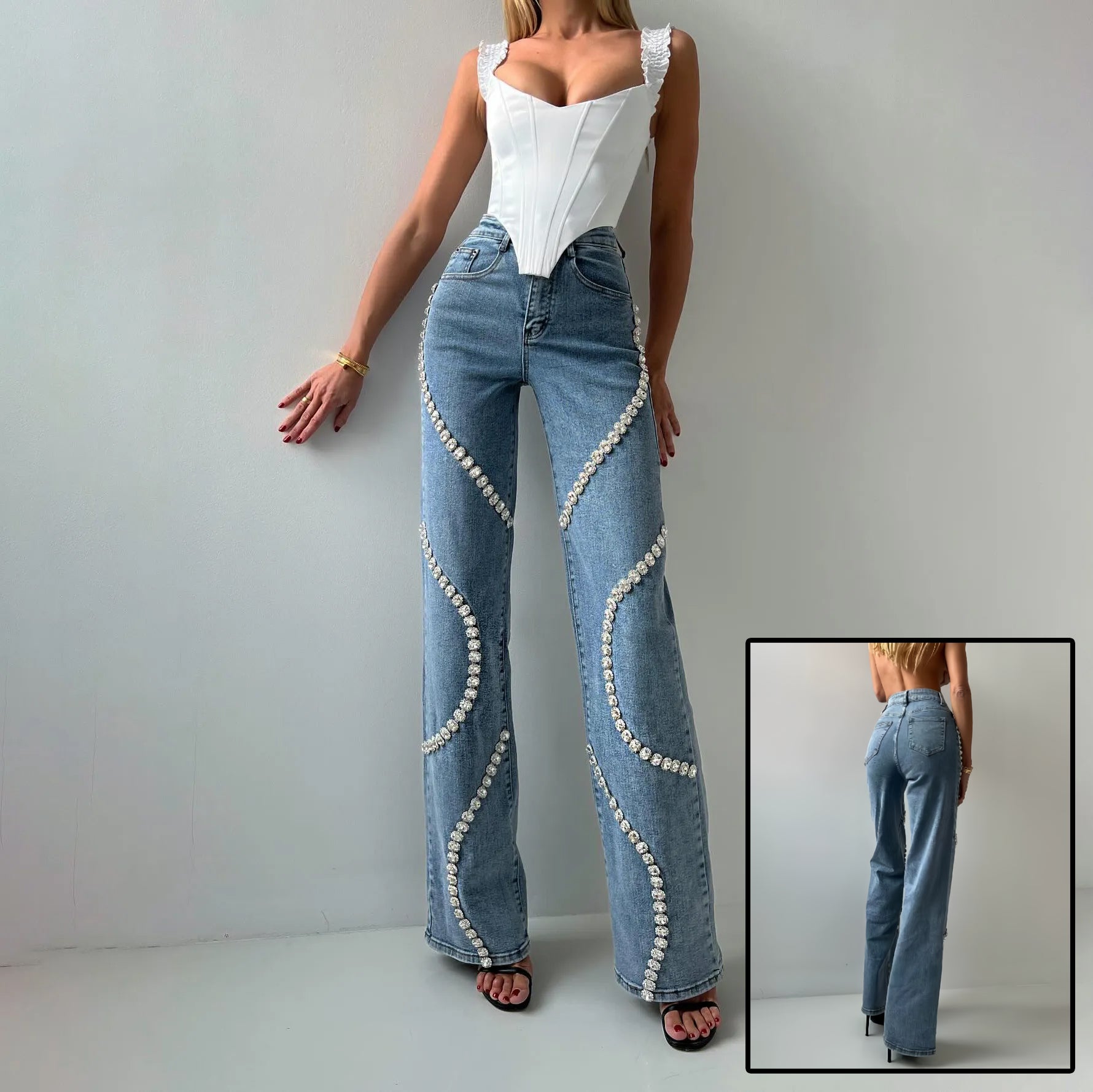 Vaqueros rectos y holgados, pantalones casuales de moda con efecto piedra del Rin, adecuados para mujeres.