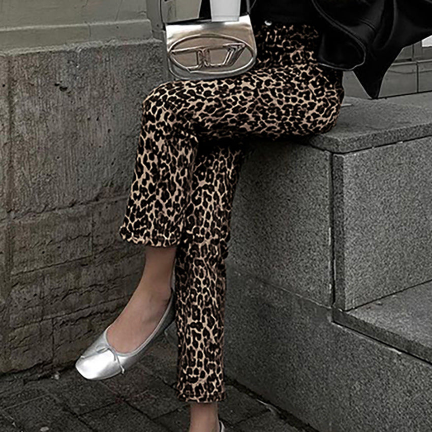 Pantalones rectos de cintura alta con estampado de leopardo, pantalones elegantes retro para mujer