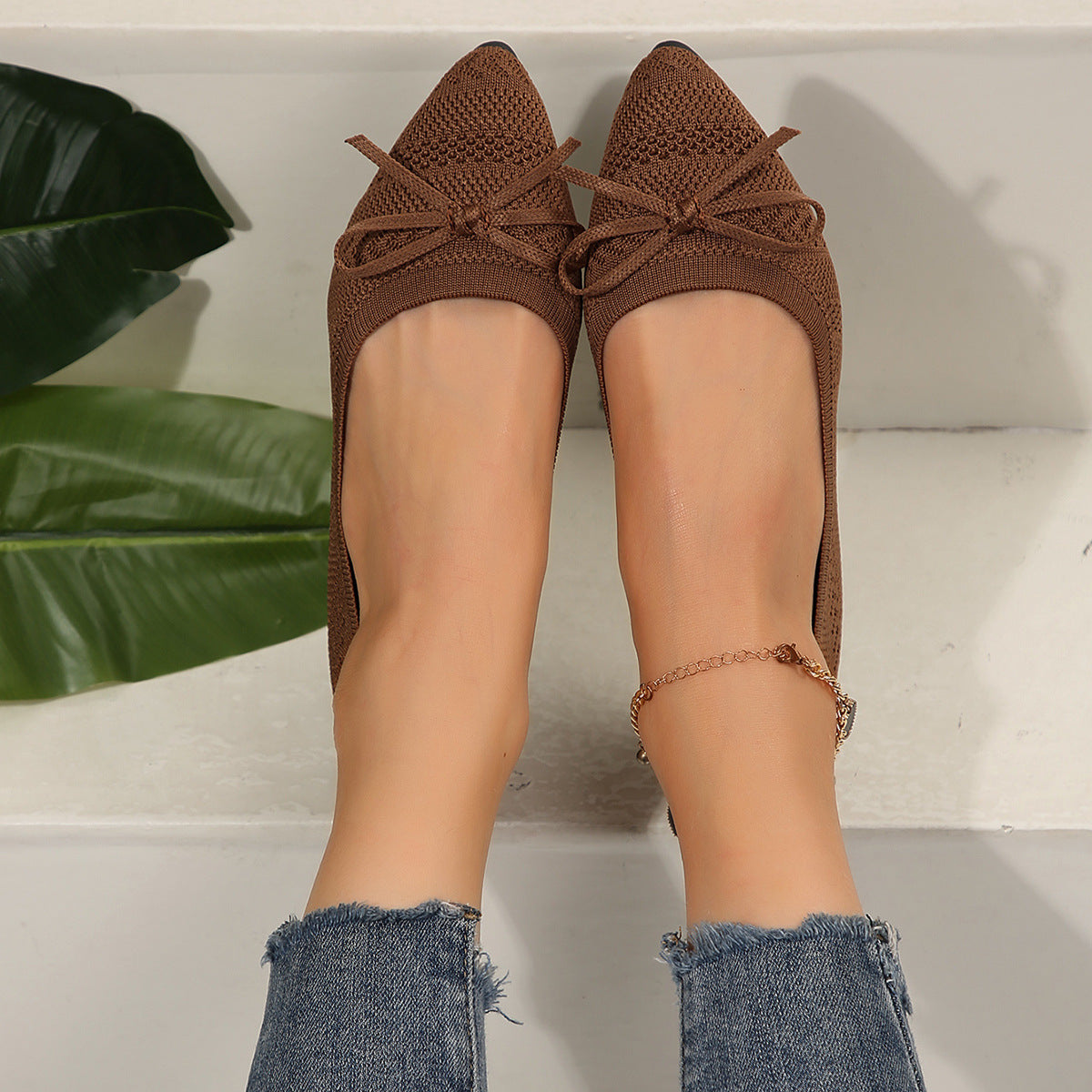 Mocasines de punto con lazo, zapatos planos de punta puntiaguda para mujer