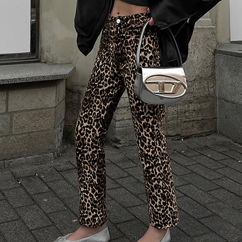 Pantalones rectos de cintura alta con estampado de leopardo, pantalones elegantes retro para mujer