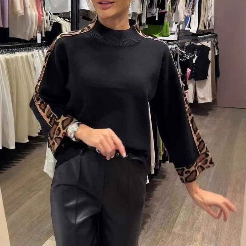 Top de cuello alto de manga larga con estampado de leopardo para mujer