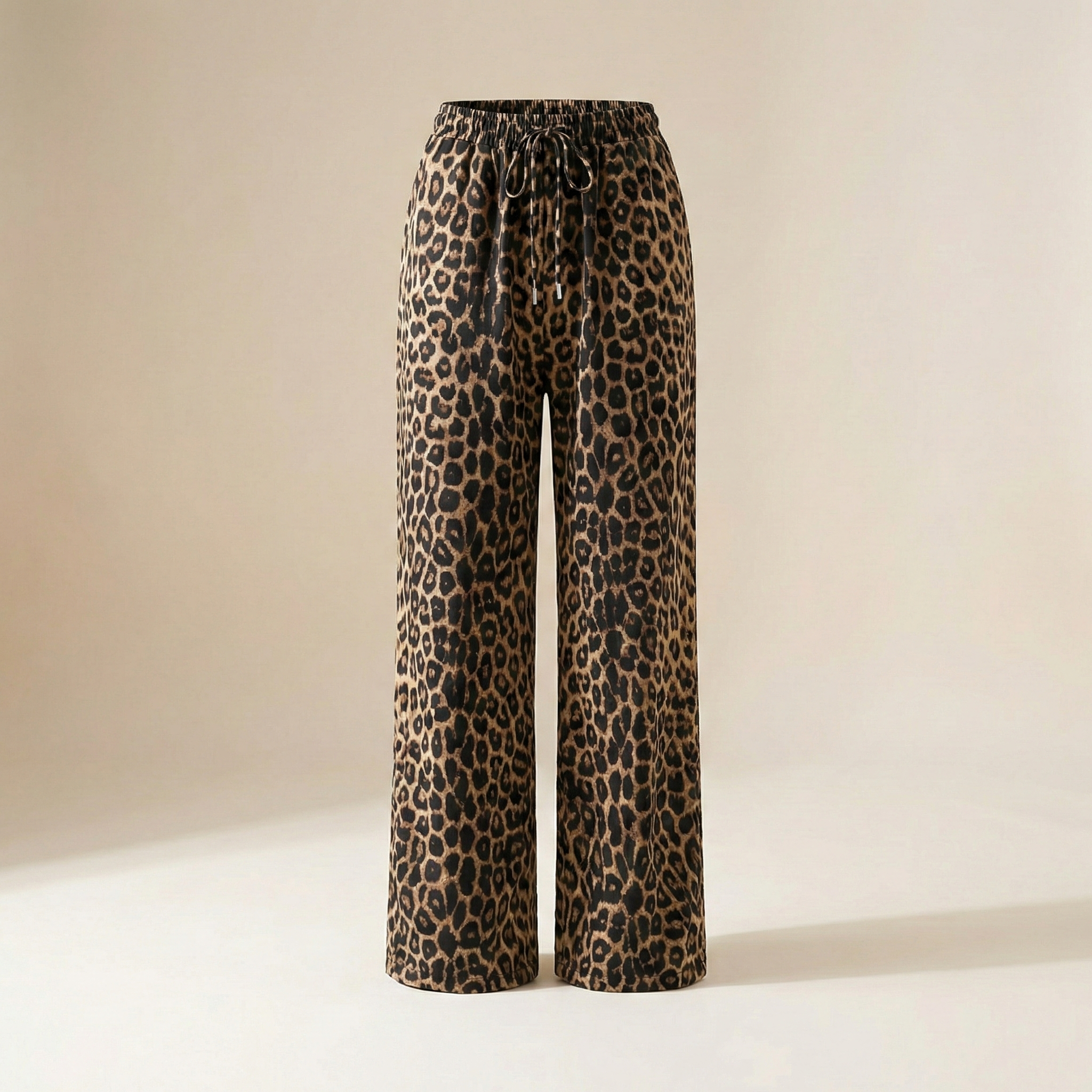 Pantalones casuales de cintura alta con estampado de leopardo y pierna ancha para mujer, elegantes pantalones largos holgados con cordón ajustable