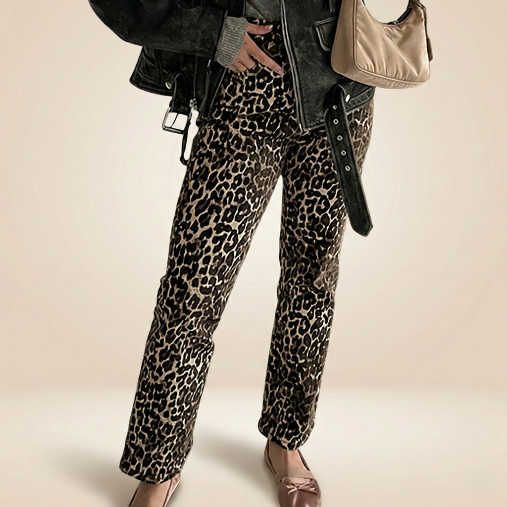 Pantalones rectos de cintura alta con estampado de leopardo, pantalones elegantes retro para mujer