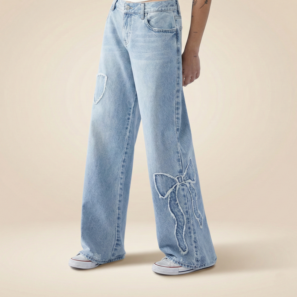 Women's Straight Trousers Embroidered Side Frayed Butterfly Jeans Street Design Hot Girl Baggy Pants