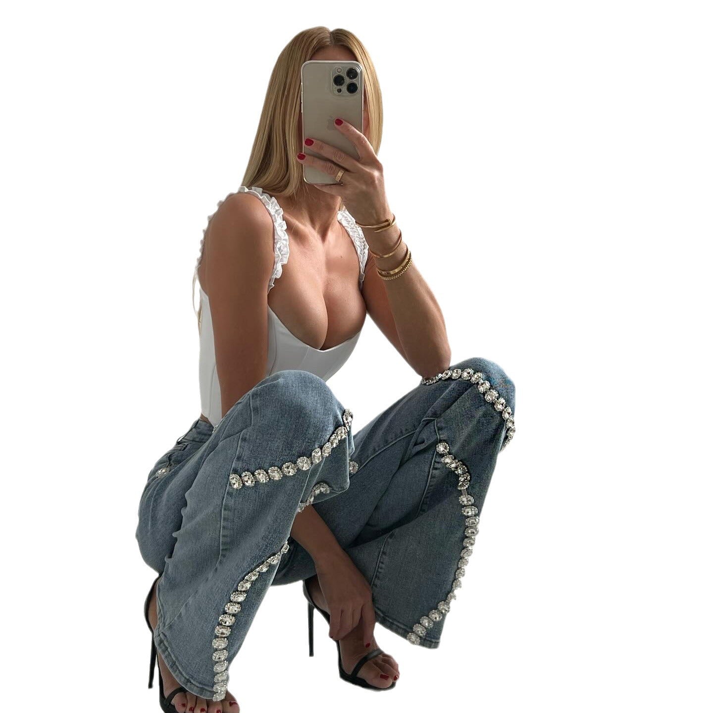 Vaqueros rectos y holgados, pantalones casuales de moda con efecto piedra del Rin, adecuados para mujeres.