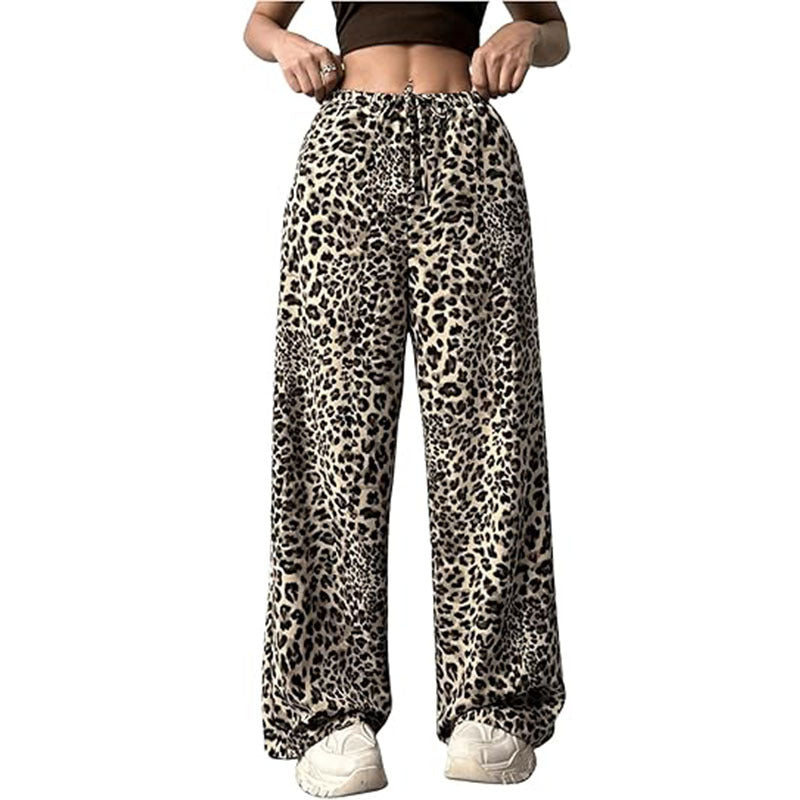 Pantalones casuales de cintura alta con estampado de leopardo y pierna ancha para mujer, elegantes pantalones largos holgados con cordón ajustable