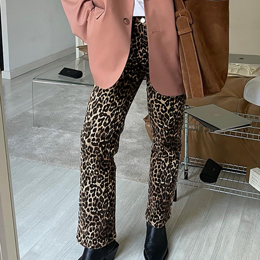 Pantalones rectos de cintura alta con estampado de leopardo, pantalones elegantes retro para mujer