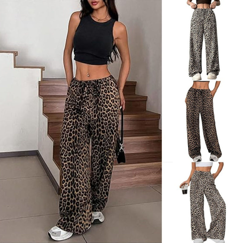 Pantalones casuales de cintura alta con estampado de leopardo y pierna ancha para mujer, elegantes pantalones largos holgados con cordón ajustable