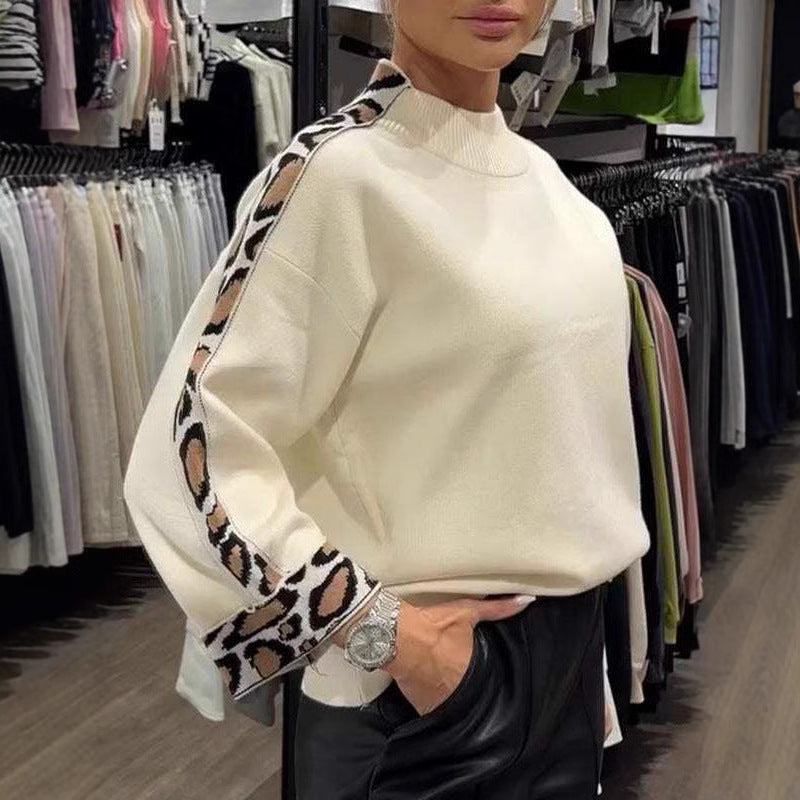 Top de cuello alto de manga larga con estampado de leopardo para mujer